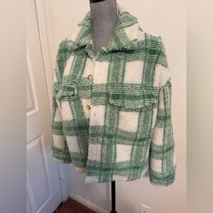 Acoa Green and White Plaid Sherpa Jacket . Size Small